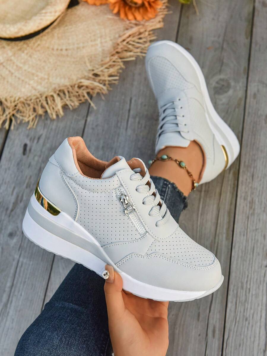 Fall/Winter New Fashion Wedge Heel Sneakers, Women Casual Breathable Lace Up Splicing Platform Shoes, Plus Size - Grey - View 1