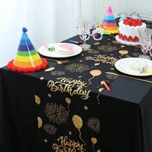 1pc Black & Golden Birthday Table Runners With Balloons, Fireworks & Stars Design - 28x275cm Rectangular Polyester Party Decor For Birthdays, Thanksgiving, Festive Celebrations, Birthday Party Decorations, Celebration Accessory, Elegant Decoration, Smooth Texture, Lightweight Construction, Home Decorators