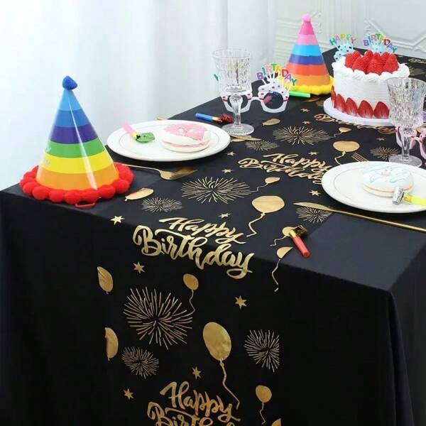 1pc Black & Golden Birthday Table Runners With Balloons, Fireworks & Stars Design - 28x275cm Rectangular Polyester Party Decor For Birthdays, Thanksgiving, Festive Celebrations, Birthday Party Decorations, Celebration Accessory, Elegant Decoration, Smooth Texture, Lightweight Construction, Home Decorators