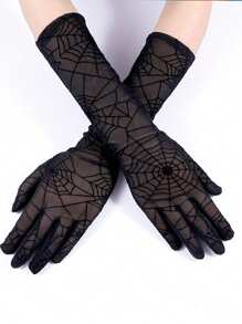 1 Pair Lace Fingerless Gloves, Cartoon Spider Web Design For Halloween Stage Performance, Black
