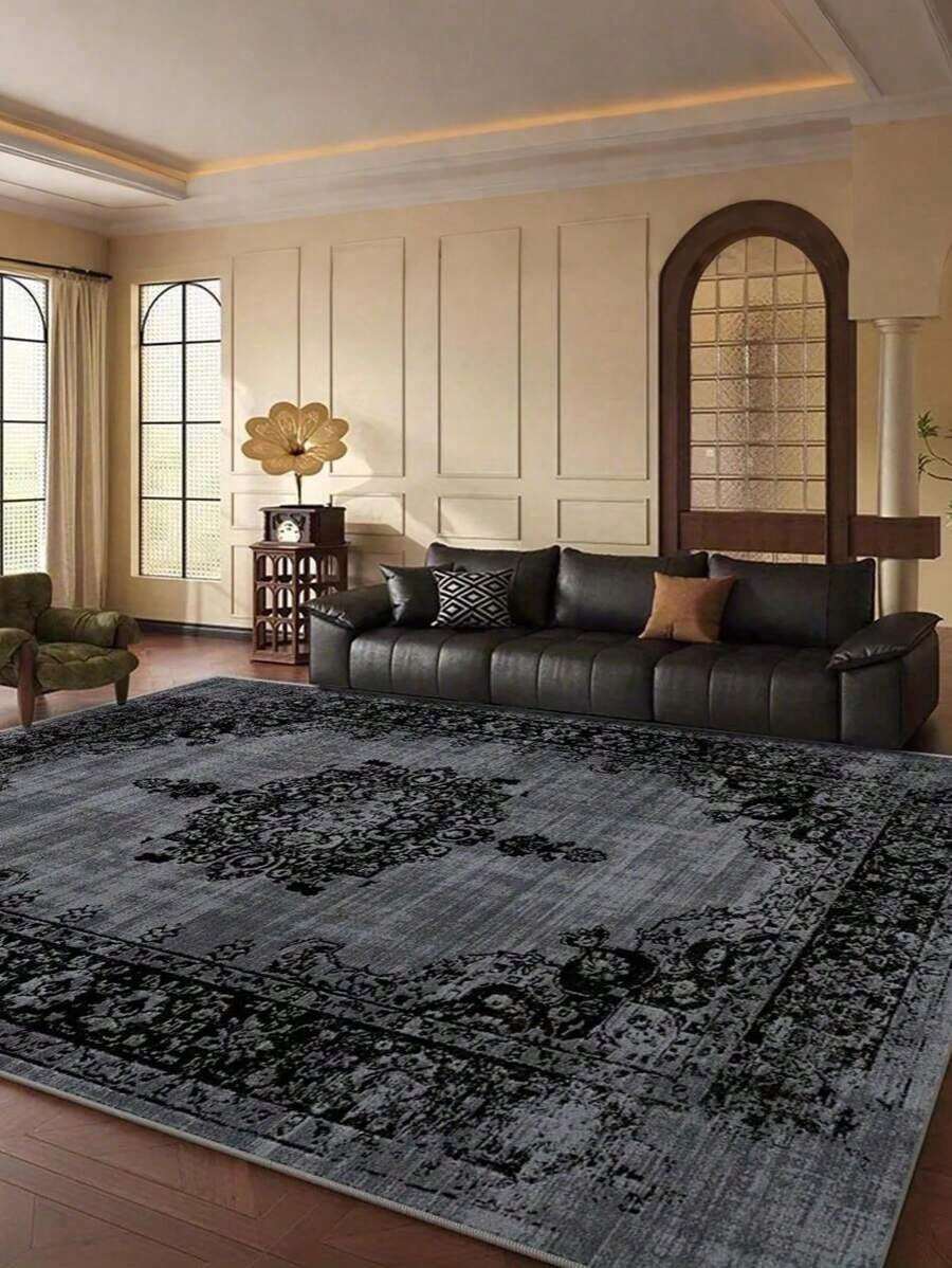 Elegante alfombra de área vintage con patrón floral simétrico, cómoda para dormitorio, sala de estar, estudio, entrada, decoración de habitación como alfombra de piso, moderna alfombra de piso absorbente de poliéster, lavable y antideslizante, alfombra para sala de estar - Decoración del hogar de temporada, alfombras para dormitorio, alfombras grandes para sala de estar, tonos negros, alfombra para dormitorio, decoración de sala de estar - Multicolor - Ver 1