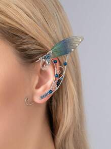 1 件手工铜线包裹的花翼和叶子耳夹耳环，无耳洞耳环夹，仙女耳饰，全新礼物