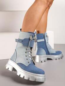 Botas plataforma casuais femininas com cadarços brilhantes
