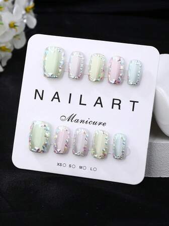 French Tip Nails, 10-Piece Set, Short Trapezoidal, Press-On Nails, New Year's Manicure, Valentine's Day Manicure, Wearable Manicure, Handmade, Elegant And Generous Design, High-End French Style, Gel Polish, Glitter, Cat-Eye Effect, Metallic Luster, Full Coverage False Nail Tips, Comes With 1 Tube Of Jelly Glue, 1 Finger Nail Guard Stick And 1 Polishing Tape.