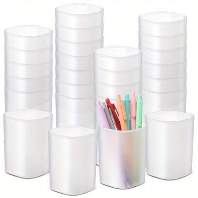 5pcs/10pcs Frosted Transparent Pen Holder, Round Stationery Storage Cup, Office Desk & School Supplies, Plastic Pen Pot, Home Organization,Pencil Case,Bag