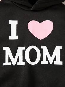 2件套女婴休闲时尚字母蝴蝶结印花长袖连帽卫衣和裤子套装，带保暖内衬，秋冬季 - 黑色 - 查看 4