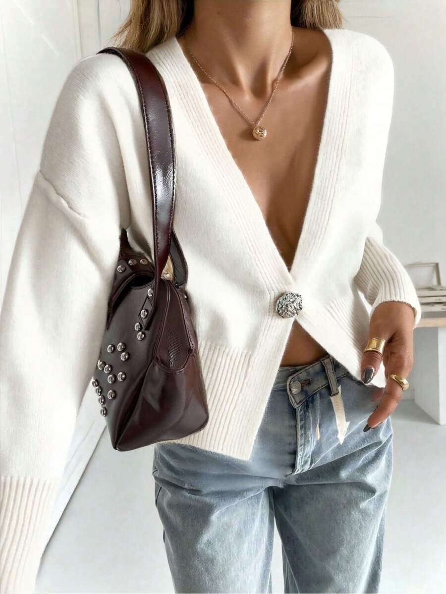 Áo cardigan dệt kim cổ chữ V sâu, kiểu dáng cơ bản, tối giản, gợi cảm, thanh lịch dành cho nữ, hàng mới về của Joy Knit, thích hợp cho công sở, đi chơi hoặc dự tiệc. - trắng - Xem 1