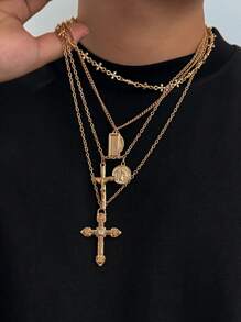 4pcs Znice Fashion Personalized Cross Pendant Necklace, Hiphop Unique Pearl Layered Choker Necklace, Gift For Father's Day And Mother's Day