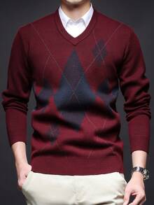 Men's Thick Round Neck Sweater, Business Casual Jacquard Knitted Long Sleeve Top, Suitable For Layering Or Outerwear, Plaid & Striped Pattern, Autumn/Winter - Red - View 7