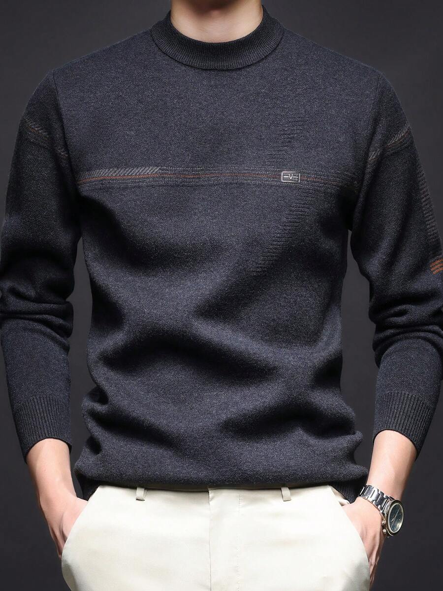 男士厚圆领毛衣，商务休闲提花针织长袖上衣，适合分层穿着或外套，格子和条纹图案，秋冬