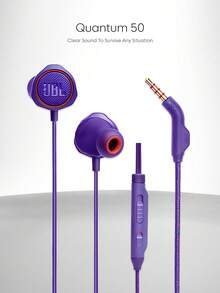 JBL Quantum 50 有线入耳式耳机带麦克风，高清语音，适用于远程学习、在线会议、游戏音乐、高保真立体声、低延迟、3.5 毫米插孔，兼容 PC Mac 智能手机平板电脑 - 紫色 - 查看 1