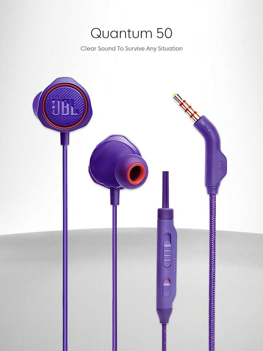 JBL Quantum 50 有线入耳式耳机带麦克风，高清语音，适用于远程学习、在线会议、游戏音乐、高保真立体声、低延迟、3.5 毫米插孔，兼容 PC Mac 智能手机平板电脑 - 紫色 - 查看 1