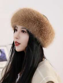 1pc Autumn/Winter Plush Solid Beanie Hat, Thickened Faux Fur Trim Warm Hat With Loop, Women - Multicolor - View 5