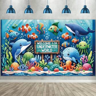 1 件海底世界背景横幅海洋派对装饰可爱海洋动物横幅生日派对婴儿洗礼摄影背景照片展位墙壁装饰