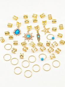 46件套绿松石吊坠脏辫发饰套装，包括发圈、发夹、发卡、发卡，嬉皮风格发饰，适合女性编发，还包括爪夹、发夹、发卡和其他配件。头部饰品，发夹 - 金色 - 查看 4