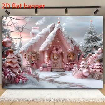 1 件 2D 平面圣诞横幅背景，粉色魔法仙女屋，圣诞树，白云，粉色元素