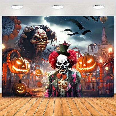 1 Pieza, Fondo de poliéster para la Noche de Carnaval de Halloween - Escena espeluznante de calavera demonio, calabaza con noria y murciélagos - Excelente para fiestas festivas, decoraciones de pared y fotografía - No se requiere electricidad - Múltiples tamaños disponibles, Decoraciones de Halloween