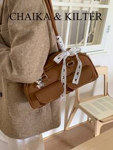 1件 CHAIKA & KILTER 女士纯色PU皮革单肩包，时尚复古多口袋大容量波士顿保龄球包，带拉链封口，适合日常和户外使用（附赠吊坠） - 咖啡 - 查看 6