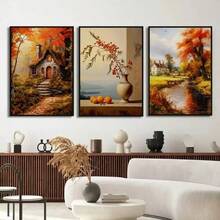 1/3pcs Nordic Autumn Landscape Canvas Oil Painting Red Forest Wooden House Home Living Room Bedroom Decoration Hanging Painting Optional Wooden Frame Wall Decoration - Multicolor - View 2