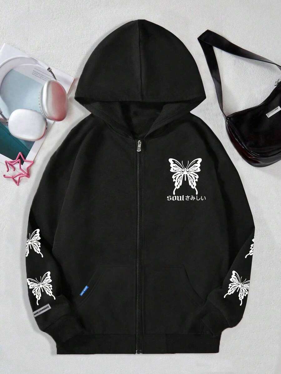1pc Fashion Loose Butterfly Print Decorated Hooded Pullover Sweatshirt For Teen Girls, Autumn/Winter