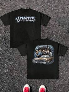 Homies Car Double Sided Digital Printed 220g Casual T Shirt 1pcs Men's Streetwear 100% Cotton Graphic Tee Urban Style Vintage Ride Crew Neck Soft Everyday Cool Summer Tops - Black - View 1