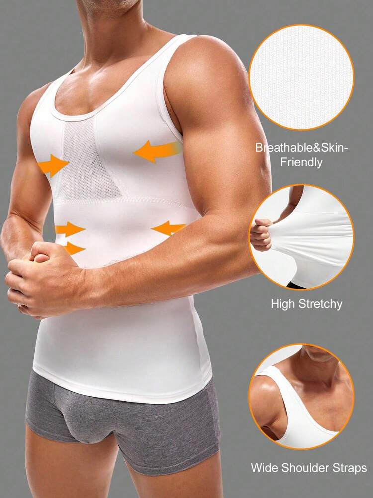 Men's Slimming Compression Tank Top, Shapewear - Breathable High Elasticity Fitted Vest, Suitable For Fitness, Sports And Daily Wear - White - View 1