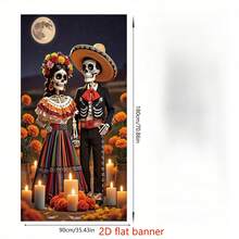 Fondo colorido de Día de los Muertos mexicano con banner plano 2D, calavera de azúcar multicolor, tocado floral, decoración de fiesta de poliéster duradero adecuado para Día de los Muertos, cumpleaños, boda, Halloween