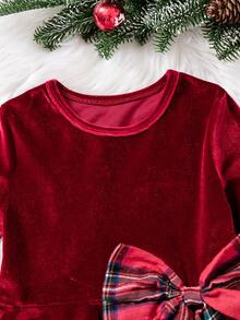 Young Girl' Luxurious Princess Style Velvet Plaid Bow Decor Dress. Velvet Fabric With A Glossy Sheen, Soft And Smooth. Burgundy Velvet Dress Body, Retro And Eye-Catching Flared Sleeves, Plaid Big Bow Adds Sophistication. Suitable For Birthday Parties, Christmas Galas, Stage Performances, Autumn/Winter. - Red - View 3