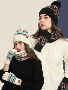 Set de 3 bucăți de iarnă, nou, gros și cald pentru femei, căciulă, mănuși și eșarfă cu model de fulg de zăpadă, perfect pentru activități în aer liber, cum ar fi schi, cumpărături și alpinism. - Negru - Vizualizare 1