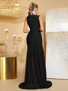 Đầm dạ hội dài tay đính hạt kim cương đính đá thủ công màu đen gợi cảm hở vai, dáng ôm vừa vặn, sang trọng dành cho khách dự tiệc cưới, tiệc ngày lễ, tiệc tối trang trọng dành cho quý cô - màu đen - Xem 6