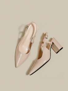 女士杏色漆皮尖头单带粗跟高跟鞋，优雅尖头正式高跟鞋，时尚露跟高跟鞋