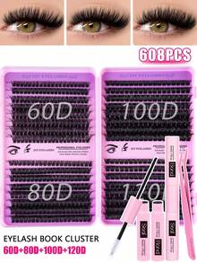 640/608 Stücke Wimpernverlängerungs-Set, DIY Wimpernverlängerungs-Set mit einzelnen Wimpern-Clustern, D-Krümmung, Wimpern-Cluster mit Wimpern-Kleber, Wimpern-Entferner und Versiegelung sowie Wimpern-Applikator-Pinsel für Anwendung zu Hause (10D-20D-30D-40D-50-60D-80D-100D-120D)