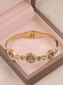 1pc Vintage Rhinestone Inlaid Tree Of Life Stainless Steel Bracelet For Women - Gold - View 3
