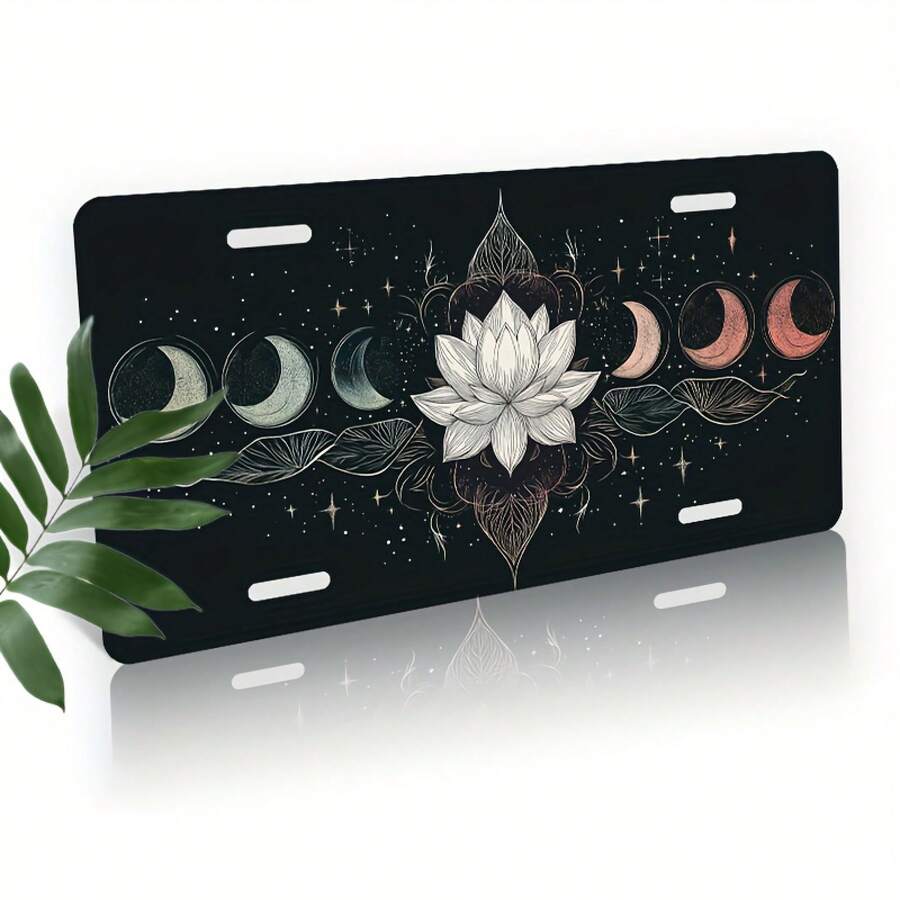 1pc, Moon Phases And For Lotus Front License Plate Covers & Frames, Aluminum License Plate Covers & Frames, Funny Standard Plates Waterproof Novelty For Decoration For Men/Women/Boys/Girls , 30*15cm(12*6inch) - 彩色 - 查看 1