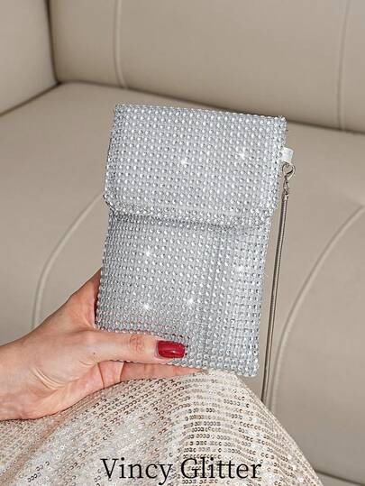 迷你派对手拿包水钻装饰手机包，时尚简约优雅轻便女士单肩包，适合派对、日常使用、购物、约会