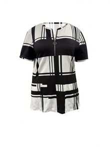 Women's Plus Size Elegant Zipper Hem T-Shirt With Geometric Print - Black & White Casual Short Sleeve Top, Machine Washable Polyester Blend, Round Neck, All-Season Comfort - 黑與白 - 查看 2