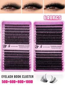 640/608 Stücke Wimpernverlängerungs-Set, DIY Wimpernverlängerungs-Set mit einzelnen Wimpern-Clustern, D-Krümmung, Wimpern-Cluster mit Wimpern-Kleber, Wimpern-Entferner und Versiegelung sowie Wimpern-Applikator-Pinsel für Anwendung zu Hause (10D-20D-30D-40D-50-60D-80D-100D-120D)