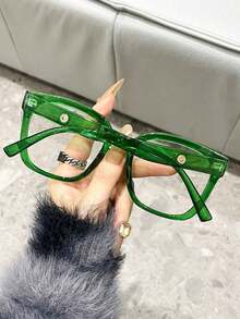 1 Pair Women's Square Green Frame Fashion Decorative Non-Prescription Glasses, Versatile Daily Accessory - Multicolor - View 2
