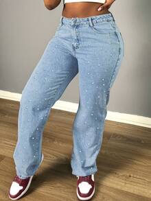 Mid-Rise Wide-Leg Jeans For Women - Jeans With Slanted Pockets And Pearl Decoration, Fashionable And Comfortable Wide-Leg Pants For Parties And Daily Wear - Light Wash - View 2