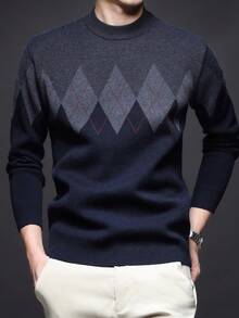 男士厚圆领毛衣，商务休闲提花针织长袖上衣，百搭叠穿单品，格子条纹图案，秋冬