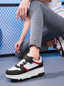 BLSART 1 par de patines de 4 ruedas con bloques de color y patchwork para niños, con cierre de gancho y bucle, suela gruesa antideslizante, ruedas desmontables 2 en 1 de doble uso, zapatos deportivos con ruedas para patinar casual al aire libre para niños - Negro - Ver 6