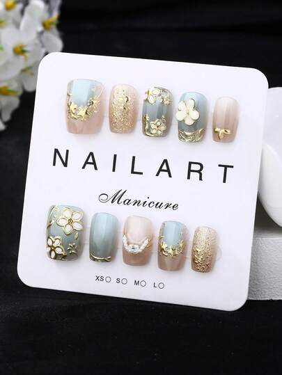 纯手工美甲，10件套，短梯形，法式美甲，按压式美甲，可穿戴美甲，优雅大方的设计，凝胶抛光，猫眼效果，金属光泽，全覆盖假指甲尖，填充各种形状的3D大水钻和指甲宝石，配有1管果冻胶，1根指甲棒和抛光胶带。