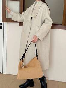 Fashionable Women's Long Double-Faced Wool Coat Long Sleeve Waterfall Neckline Drop Shoulder Design With Functional Buttons And Pockets Regular Fit Overcoat. - Beige - View 4