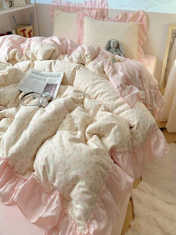 Juego de funda nórdica de 3 piezas con volantes, tamaño king, con estampado de cerezas, de tela suave, funda de edredón con cremallera y lazos, para dormitorio de niñas, decoración de habitación, transpirable, fácil cuidado, decoración de otoño, decoración de otoño, decoración de habitación