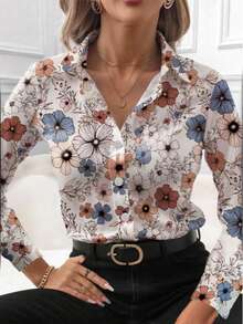 全新时尚优质女士长袖纽扣衬衫，花卉和叶子印花，正面纽扣开合 - 杏色 - 查看 3