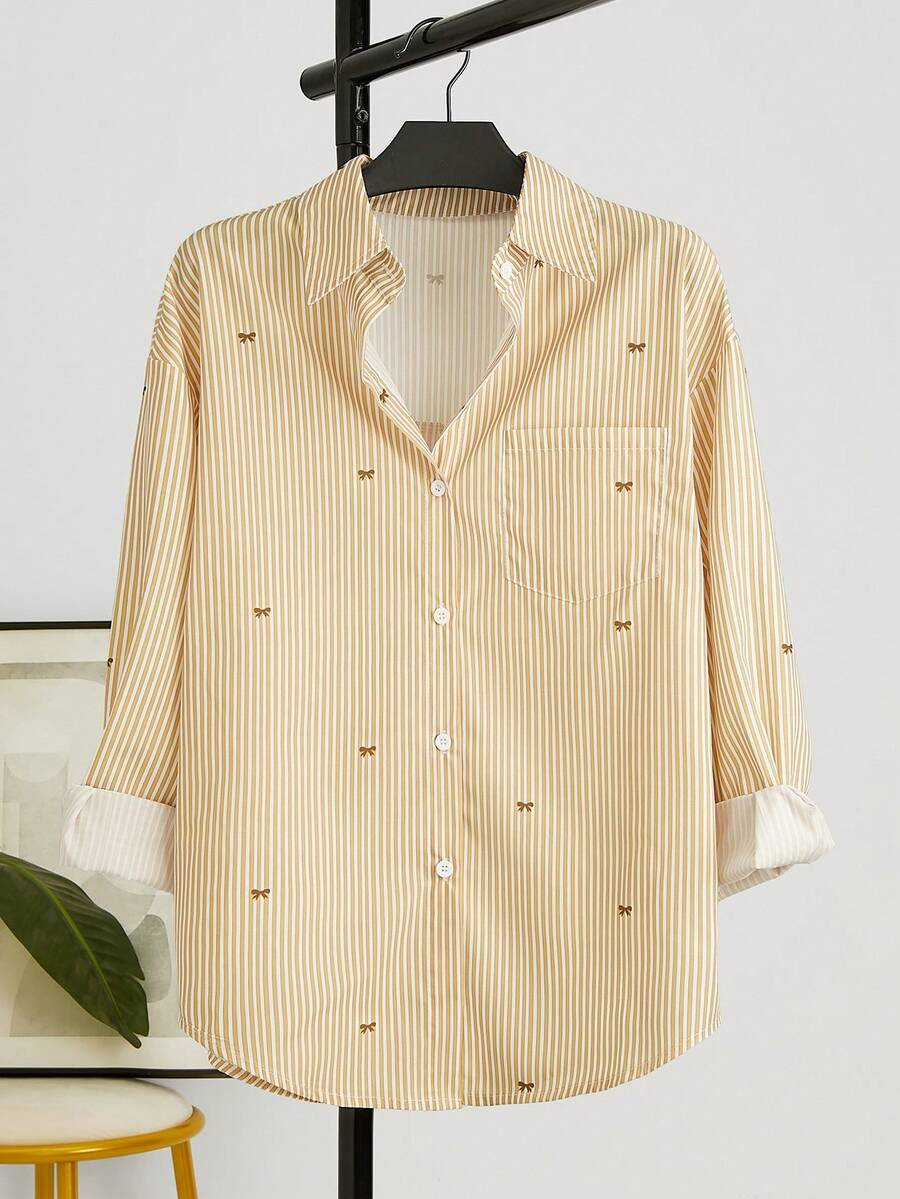 女士休闲通勤条纹蝴蝶结印花衬衫 - 黃色 - 查看 1