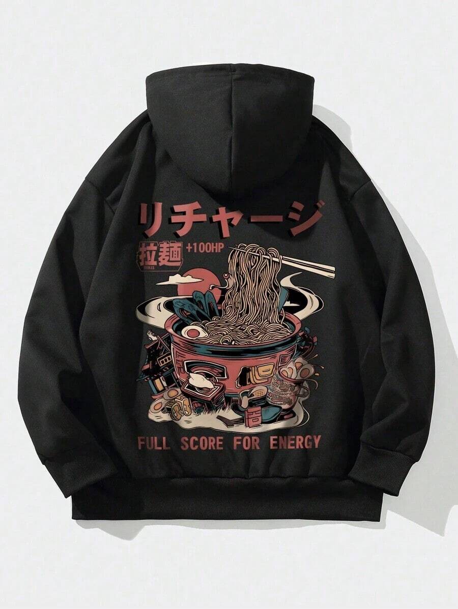 Men's Printed Letters Vintage Ramen Printing Graphic Side Pockets Hoodie, Emo Style, 2000s Style, For Fall - 黑色 - 查看 1