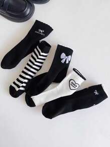 5双公主风荷叶边蝴蝶结条纹袜，休闲运动女童袜，秋冬款 - 彩色 - 查看 2