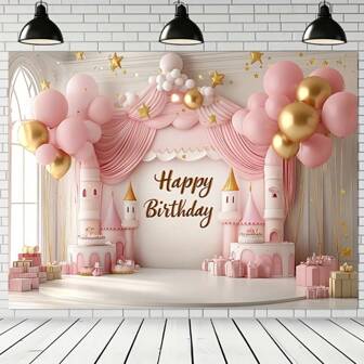 2D 1pc Pink & Gold Princess Castle 2D Backdrop With Balloons - Unique Birthday Party Decor, Photography Prop And Home Decor, Featuring Majestic Castle, Arches And Festive Balloon Garland, Princess Party Decoration