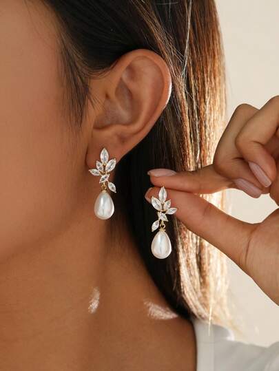 1Pair Gorgeous Gold - Plated Pearl & Cubic Zirconia Drop Earrings - Ideal For Daily Wear, Banquets, Gatherings, Weddings - Bridal Pearl Earrings